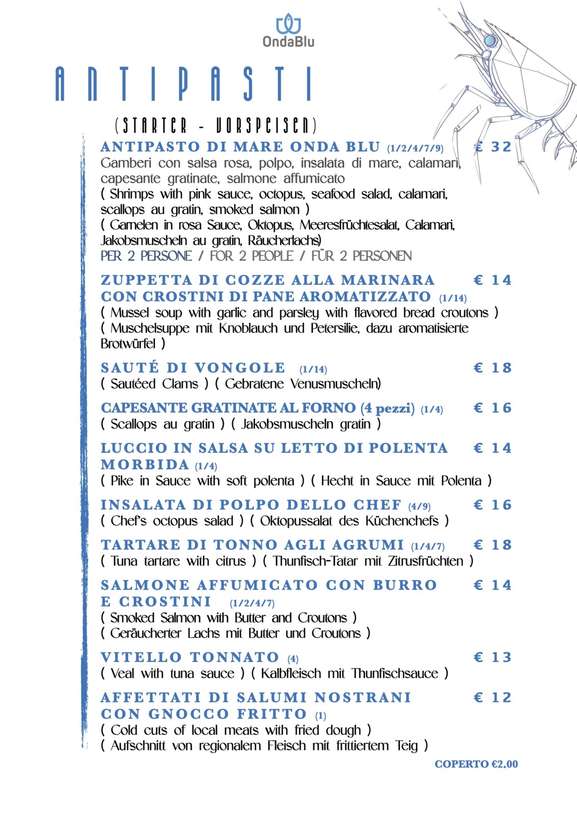 menu antipasti onda blu
